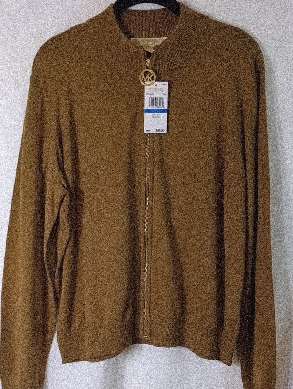 Michael Kors Women's Camel Brown Full-Zip Sweater with Gold MK Pull